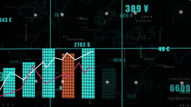 Data graph with teal and orange bars white  pink lines floating data points against a dark grid