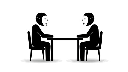 Two Masked Figures Sitting at a Table. Business Negotiation, Interview, or Secret Meeting Concept Icon. Vector Illustration.