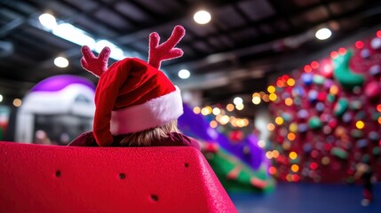 A child in a festive red Santa hat with antlers sits on a bright pink bench, gazing at a colorful, light-adorned play area with climbing walls.