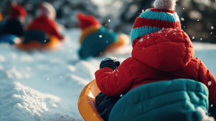 Children in vibrant winter clothing sled down a snowy hill, joyfully playing as snowflakes fall around them.