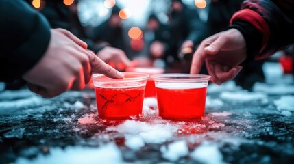 Two hands reach for red drinks in clear cups on a snowy surface, with soft bokeh lights in the background adding a festive touch.