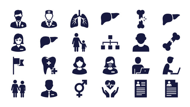 Medical and Health Icon Set. Healthcare Professionals, Anatomy, and Patient Care Vector Glyphs Collection covering doctors, organs, bones, records, and business administration symbols.