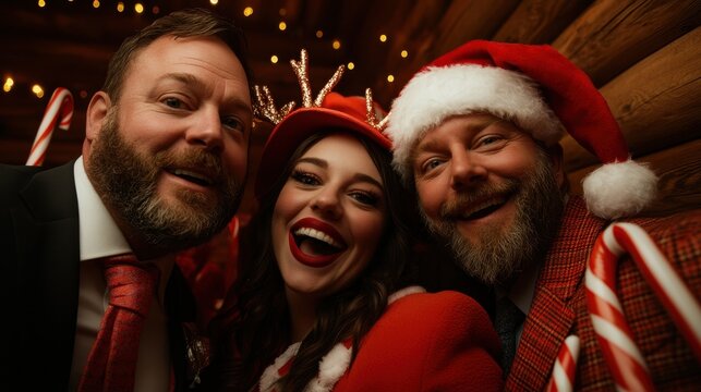 Three friends in holiday attire, including antlers and Santa hats, smile for a festive selfie amidst candy canes and twinkling lights. - Powered by Adobe