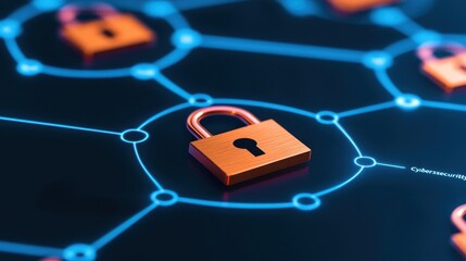 A digital network with glowing blue lines and nodes showcases an orange padlock symbolizing cybersecurity and data protection.