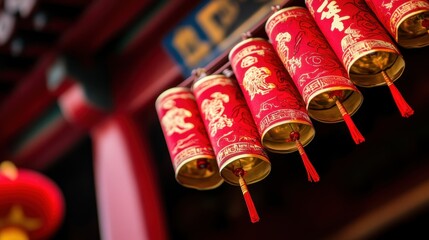 Vibrant red lanterns with gold designs hang in a decorative arrangement, creating a festive atmosphere reminiscent of traditional celebrations.