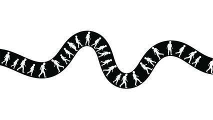 Naklejka premium Silhouettes of people walking in a wavy line, symbolizing journey and progress