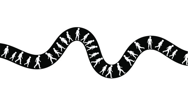 Silhouettes of people walking in a wavy line, symbolizing journey and progress