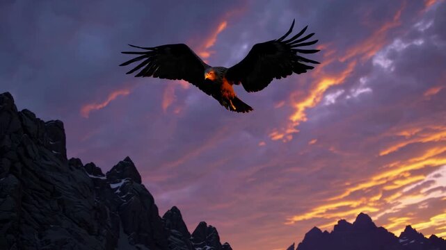 Eagle soaring over mountain peaks at sunset wings spread wide sky ablaze