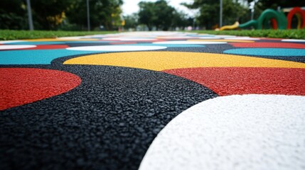 A vibrant, textured ground surface with large red, blue, yellow, and white circles on a black background, evoking a playful outdoor atmosphere.