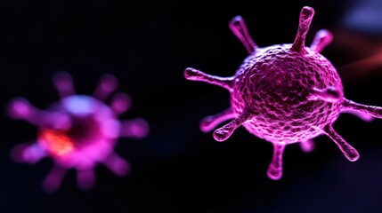 The image showcases close-up, stylized representations of viruses in vibrant pink against a dark background.