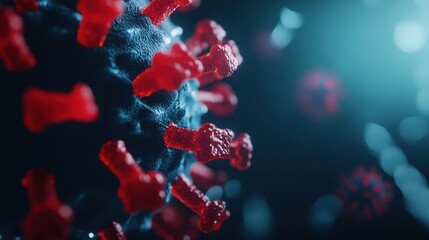 Close-up of a virus with textured surface and prominent red spike proteins on a dark background.