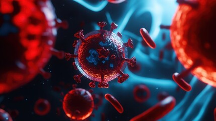 Close-up renderings of stylized viruses in red and blue, surrounded by small red blood cells on a dark background.