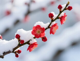 Red Blossoms Amidst Snowy Landscape in Winter Season