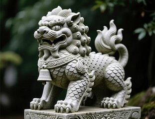 Stone Guardian Lion Sculpture in Serene Garden Setting