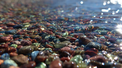 riverbed. Colorful pebbles on a riverbed under clear shallow water with sunlight refraction. ESG reports, sustainability campaigns, designed for environmental awareness campaigns.