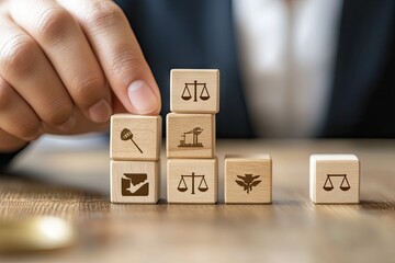 Naklejka premium Hand placing wooden blocks with legal and business icons on a table