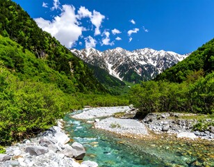 Scenic mountain valley with flowing river, lush green foliage, snow-capped peaks, and a blue sky