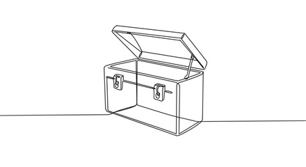 Line drawing of an open wooden treasure chest with a lid raised, displaying its interior on a transparent background, showcasing minimalistic design and simple lines.