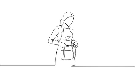 Fototapeta premium Line drawing of a woman wearing an apron standing and organizing her cooking utensils on a transparent background