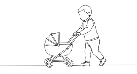 Line drawing of a child pushing a baby stroller while walking, showcasing a simple and clear illustration style, isolated on a transparent background
