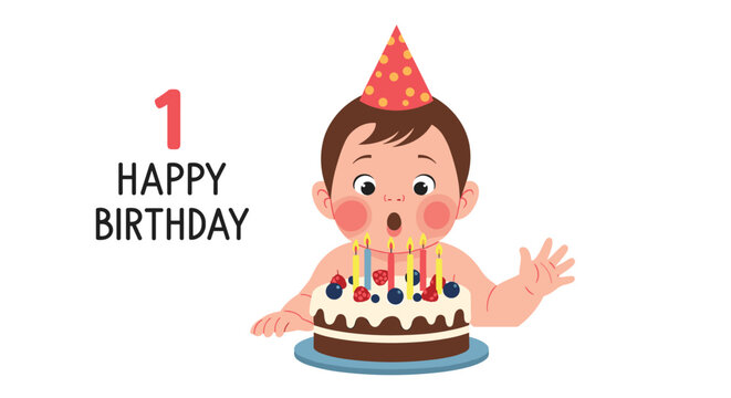A cute baby's first birthday greeting card illustration with a toddler blowing out candles on a delicious-looking birthday cake. - Powered by Adobe