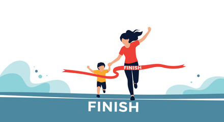 Fototapeta premium Inspiring illustration of a mother and her child joyfully running together and crossing the red finish line tape in a race or marathon.