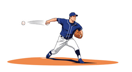 Obraz premium Dynamic illustration of a baseball pitcher in a blue uniform mid-throw from the pitcher's mound, with motion lines showing the ball's trajectory.