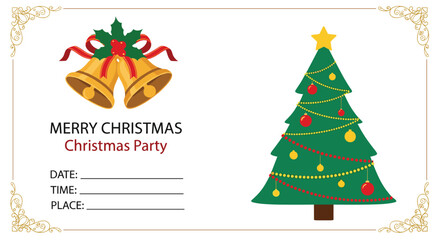 Cheerful Christmas party invitation template featuring golden bells and a decorated Christmas tree, with elegant gold borders and party details.