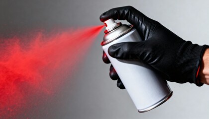 A graffiti artist wear black glove hold spray paint. Close up image of pressing graffiti spray can