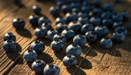 Close-up of fresh blueberries scattered on a wooden surface with dusty bloom texture, captured in soft morning light. Perfect for fresh fruit and food photography visuals.
