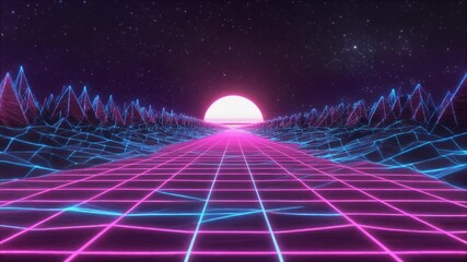 Synthwave aesthetic landscape, glowing magenta and blue neon grid ground moving forward - Powered by Adobe