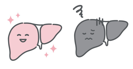 健康な肝臓と不調な肝臓の比較イラスト（キャラクター・肝炎・脂肪肝）