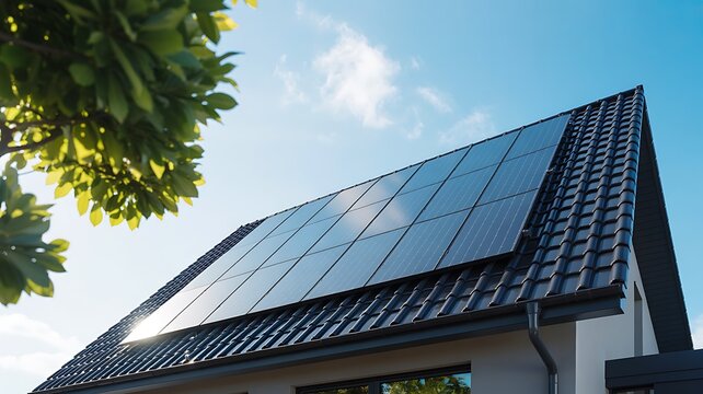 Modern house roof with large solar panel array in bright natural daylight

