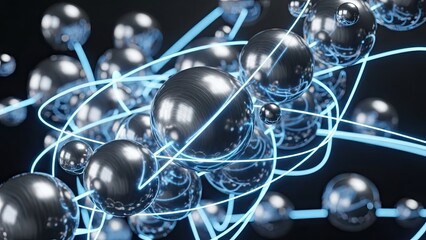 Stunning abstract visualization of connected metallic spheres with glowing blue energy lines representing data flow and quantum computing innovation