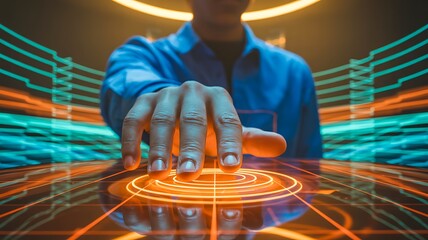Hand interacting with futuristic hologram interface in advanced digital environment