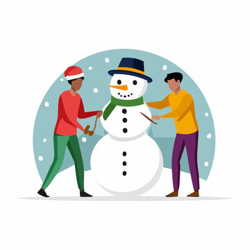 Cheerful friends building a festive snowman together, symbolizing winter fun, holiday spirit, and seasonal outdoor activities