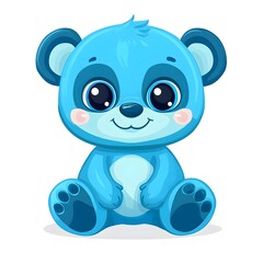 Adorable cartoon baby bear cub rendered in bright blue sits happily against a white background