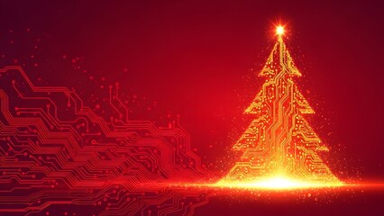 Glowing Christmas Tree Made of Circuits on a Festive Red Background with Abstract Light Effects