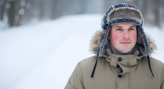 Portrait of a young man wearing warm winter clothing and a trapper hat outdoors in a snowy landscape for cold weather lifestyle concept
