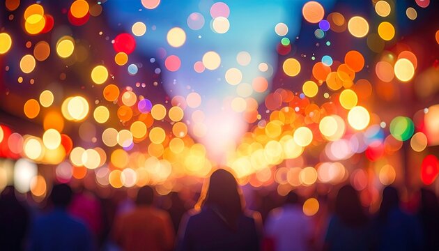Abstract Blurred Urban Night Scene with Colorful Bokeh Lights and Silhouettes of People in a Crowded City Street