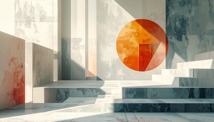 Serene abstract architectural landscape featuring geometric forms bathed in sunlight, accentuating textured concrete and a vibrant orange sphere, creating a captivating play of light and shadow