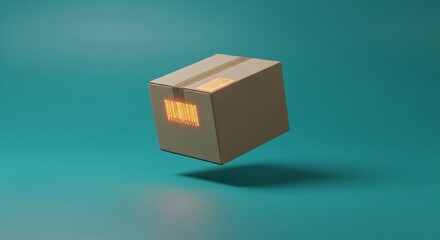 Fototapeta premium Cardboard shipping box with glowing orange barcode, floating in studio