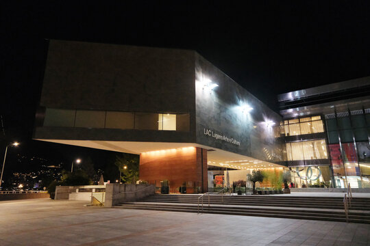 Lugano,Switzerland-Sep.30th 2025: Lugano Arte e Cultura (LAC) cultural centre building at night