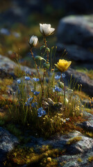 drstand of cornflowers and chamomiles in a sunlit meadowought-tolerant blooms in blue and yellow