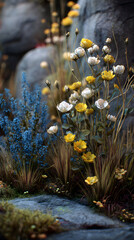 drstand of cornflowers and chamomiles in a sunlit meadowought-tolerant blooms in blue and yellow