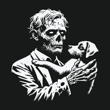 A gentle zombie carefully holds a cute puppy in his arms.
