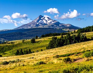 Scenic mountain vista showcasing a snow-capped peak, rolling green hills, and a bright blue sky