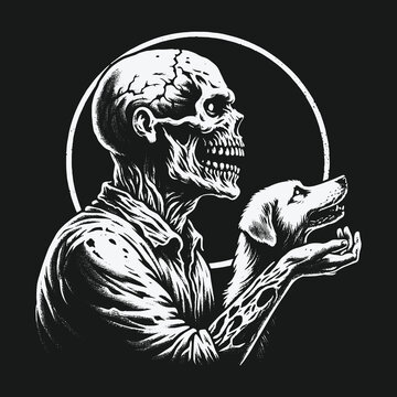 Monochrome graphic illustration of a skeleton holding a dog.