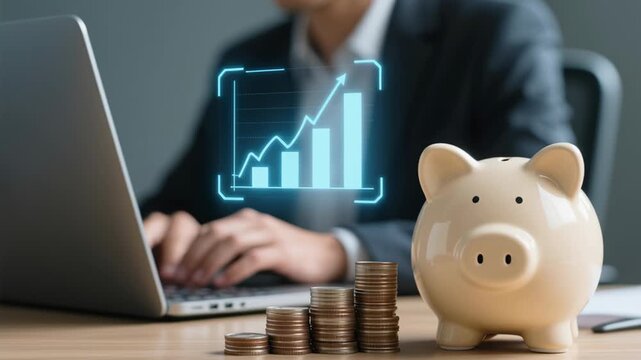 Savings smart investment strategy, secure financial future with safe deposits yielding interest rates and dividends for long term growth in pension funds