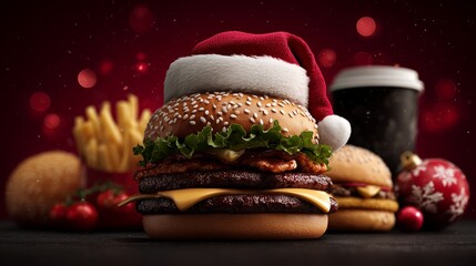 Ultimate Christmas Bacon Cheeseburger with Santa Hat Surrounded by Holiday Fast Food and Bokeh Lights